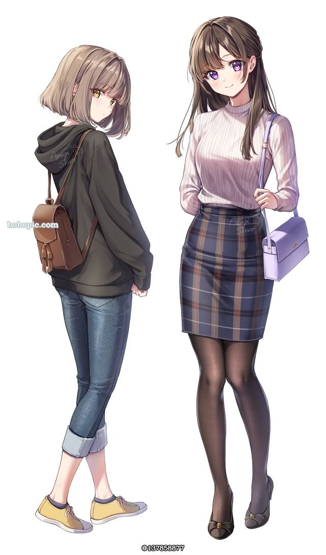 原创, 女孩子, half-up hairstyle, 包臀裙, 黑裤袜, 茶发, 牛仔裤, 连帽衫