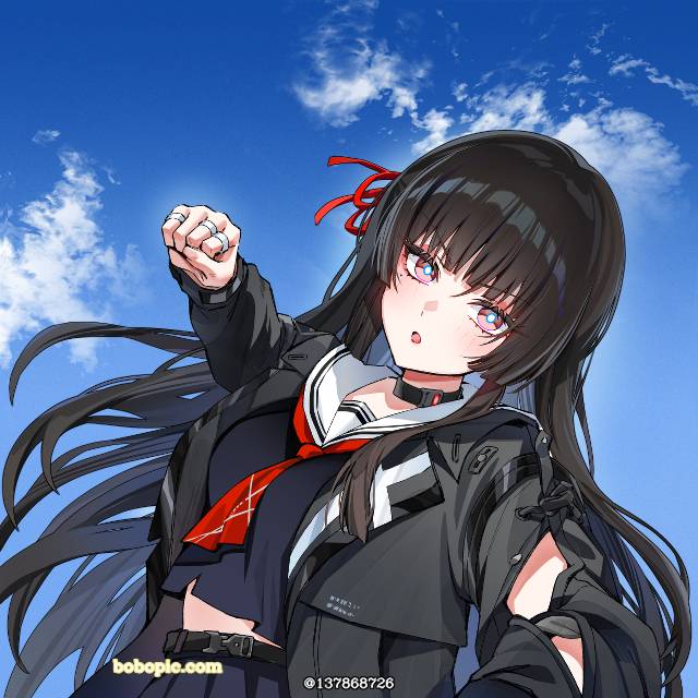 Wuthering Waves, Chisa (Wuthering Waves), punch, 水手服, black hair, meme