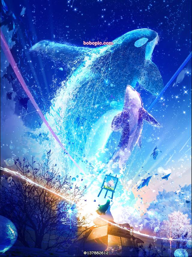 风景, background, 插画, 原创, 原创, sky, starry sky, whale in the sky