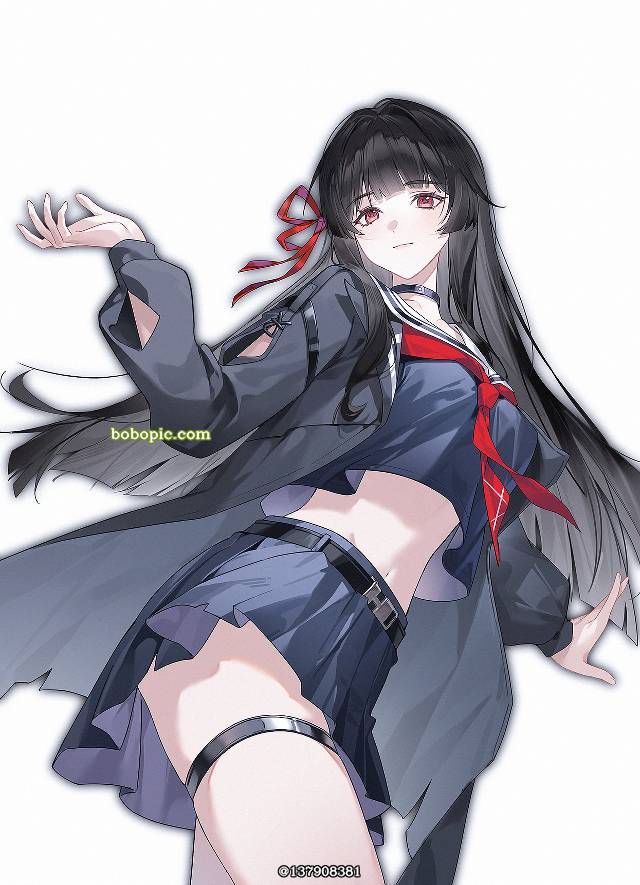 Wuthering Waves, Chisa, sailor suit, long straight black hair, 肚脐, black hair