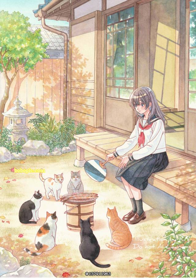 transparent watercolor, 手绘, 女孩子, 水手服, 外廊, autumn, cat, cat and girl