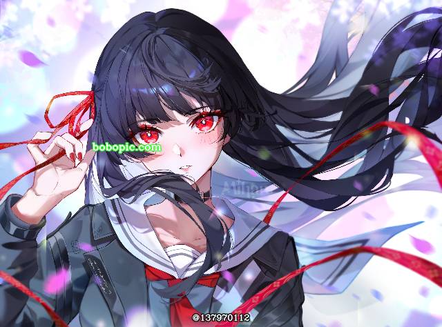 Wuthering Waves, 水手服, red eyes, black hair, 美甲