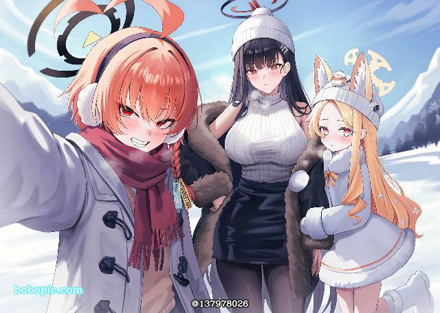 碧蓝档案, 调月莉音, Seia Yurizono, Mikan Neru, winter clothes, 兽耳, smile, 脸红