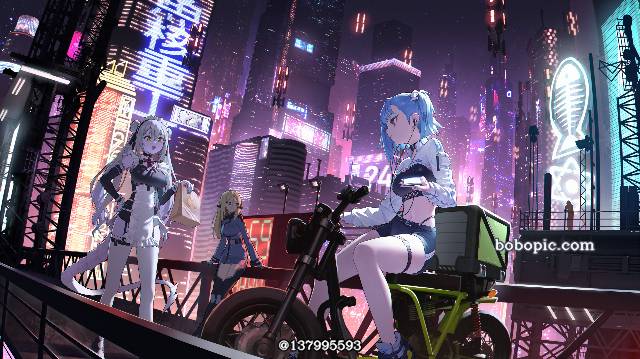 young girl, city, future, night view