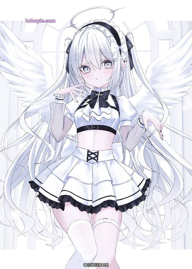 原创, 女孩子, 白发, half pigtails, headdress, 白色过膝袜, angel