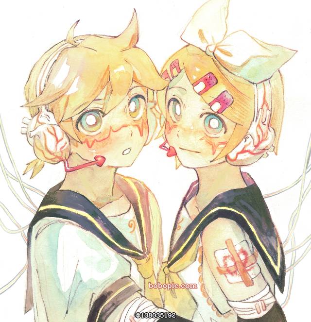 watercolor painting, Vocaloid, 初音未来, 重音Teto, 鏡音鈴, 镜音连