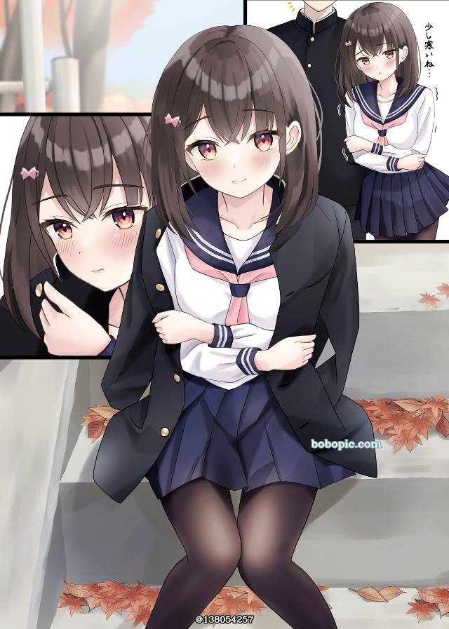 原创, 女孩子, uniform, 女校学生, 水手服, 黑裤袜, hairpin, large breasts, 茶发