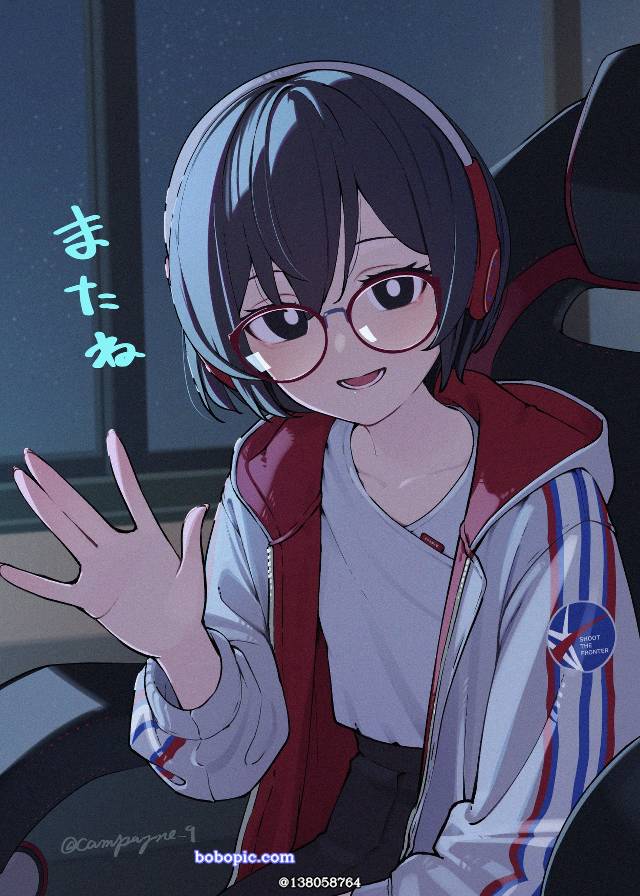 眼镜娘, short black hair, 连帽衫, 100收藏, salute, 头戴式耳机