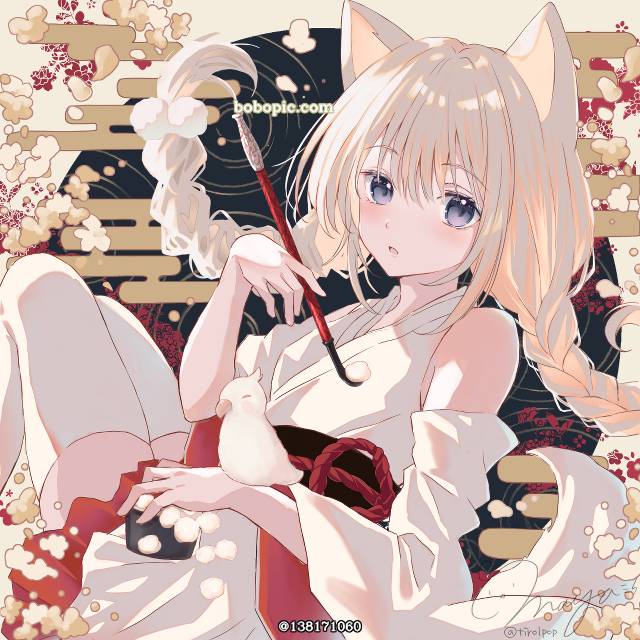 原创, 女孩子, 白发, 和服, 兽耳, 兽耳, kimono