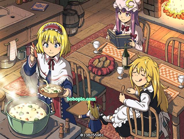 东方, 雾雨魔理沙, 帕秋莉·诺蕾姬, 爱丽丝・玛格特罗依德, shanghai, 东方Project, stew, 上海人偶