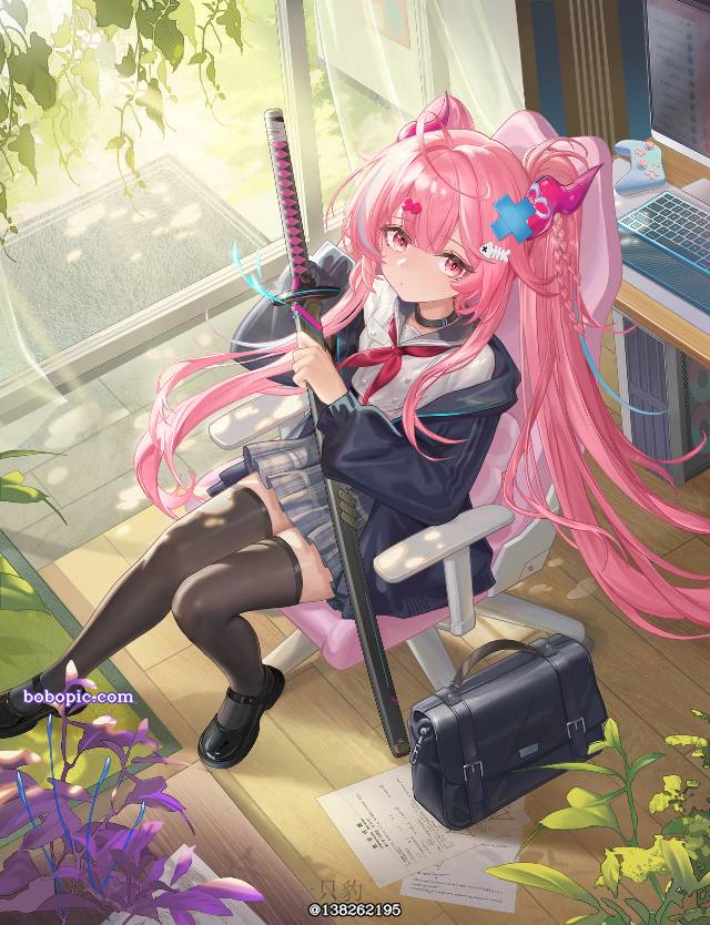 twin pig tails, pink_hair, young girl, dragon girl, big sword, Virtual Youtuber