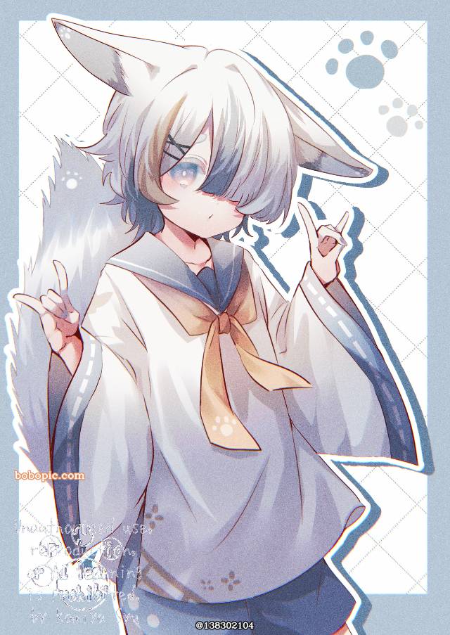 男孩子, 原创, fox ears, one eye covered, 水手服, 兽耳