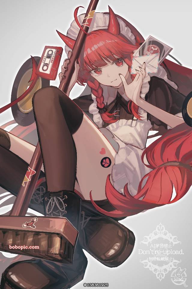明日方舟, Arknights, 红豆(明日方舟), 女孩子, red hair, 女仆, 恶魔娘, horned girl