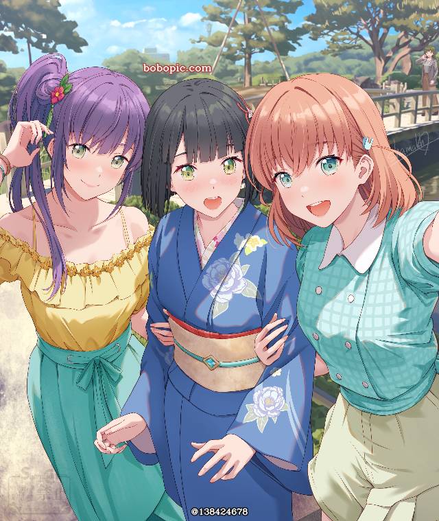 莲之空女学院学园偶像俱乐部, Kaho Hinoshita, Kozue Otomune, Ginko Momose, 露肩, smile, Sachi Oogami, kimono