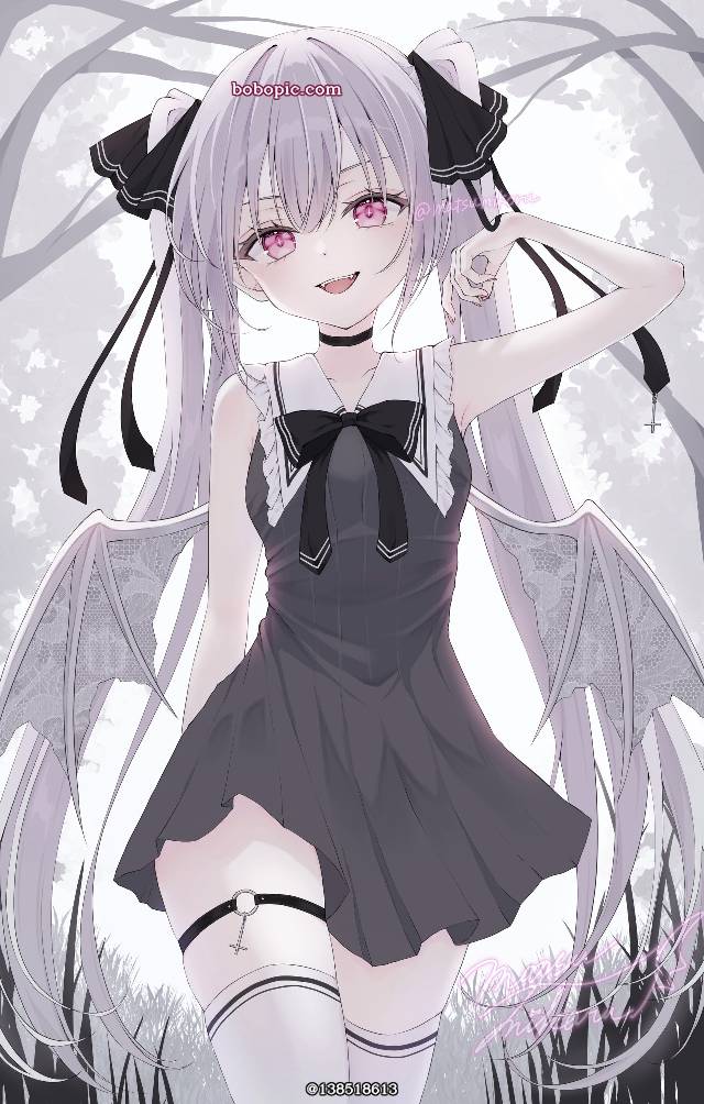 女孩子, 双马尾, 恶魔, 恶魔娘, 大腿, 虎牙, 吊袜带, knee-high, 美甲