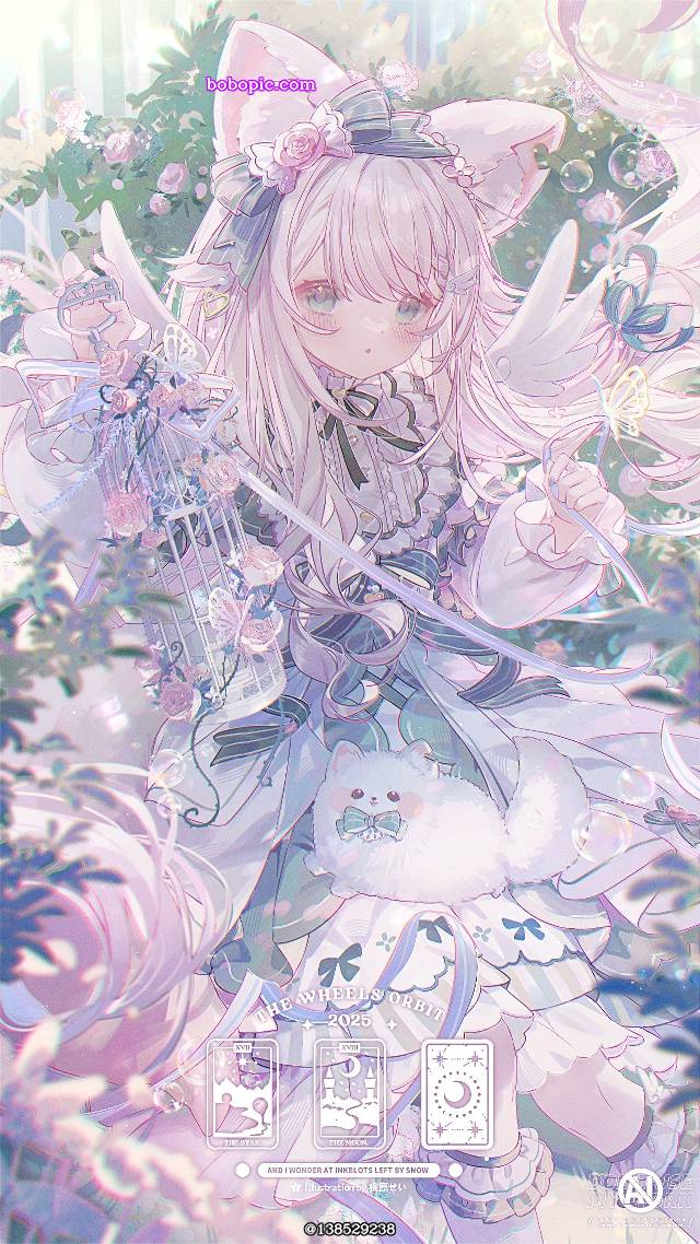 requested illustration, 女孩子, rose, angel, 兽耳, 鸟笼