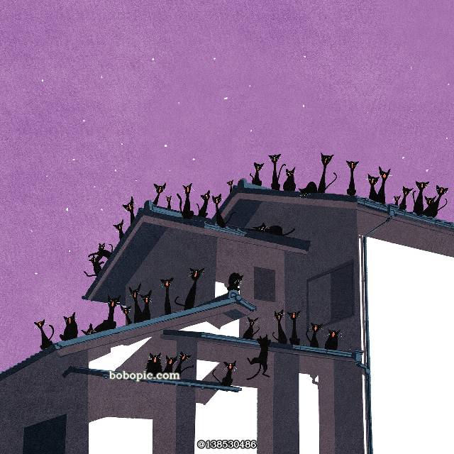 cat, house, landscape painting, 黑猫