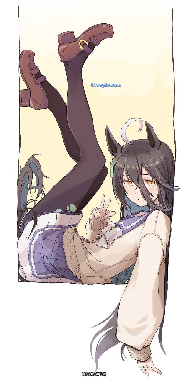 赛马娘Pretty Derby, 曼城茶座（赛马娘）, 黑丝袜, 马娘, peace sign, 腿, black hair