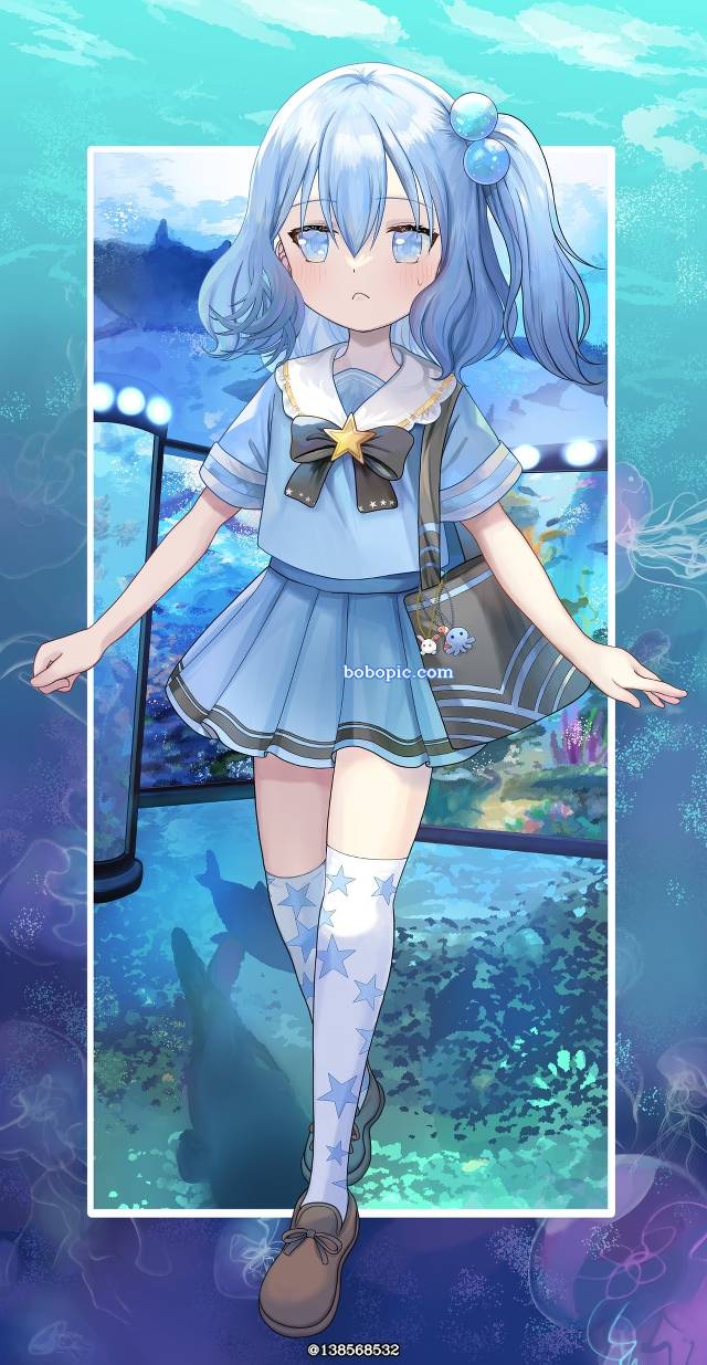 伪娘, 原创, aquarium, side ponytail, light blue hair, 水手服