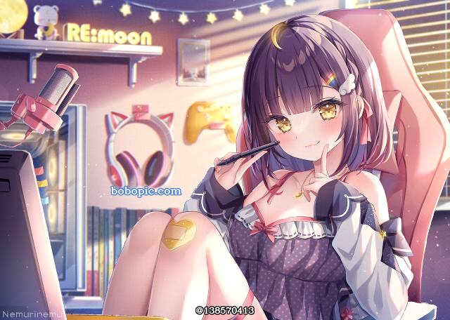 原创, 女孩子, knee, 脸红, bob cut, purple hair