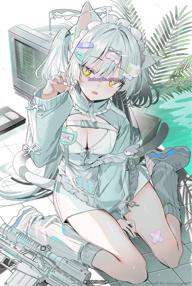 运动服女仆, cat ears, 原创, 原创, 女仆装, 鸭子坐, 魅惑的乳沟, legwarmer, 枪械