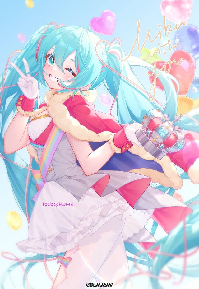 女孩子, 初音未来, 白裤袜, smile, 抛媚眼, 双马尾, crown, 气球