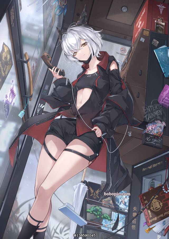 原创, 白发, 短发, 肚脐, horned girl