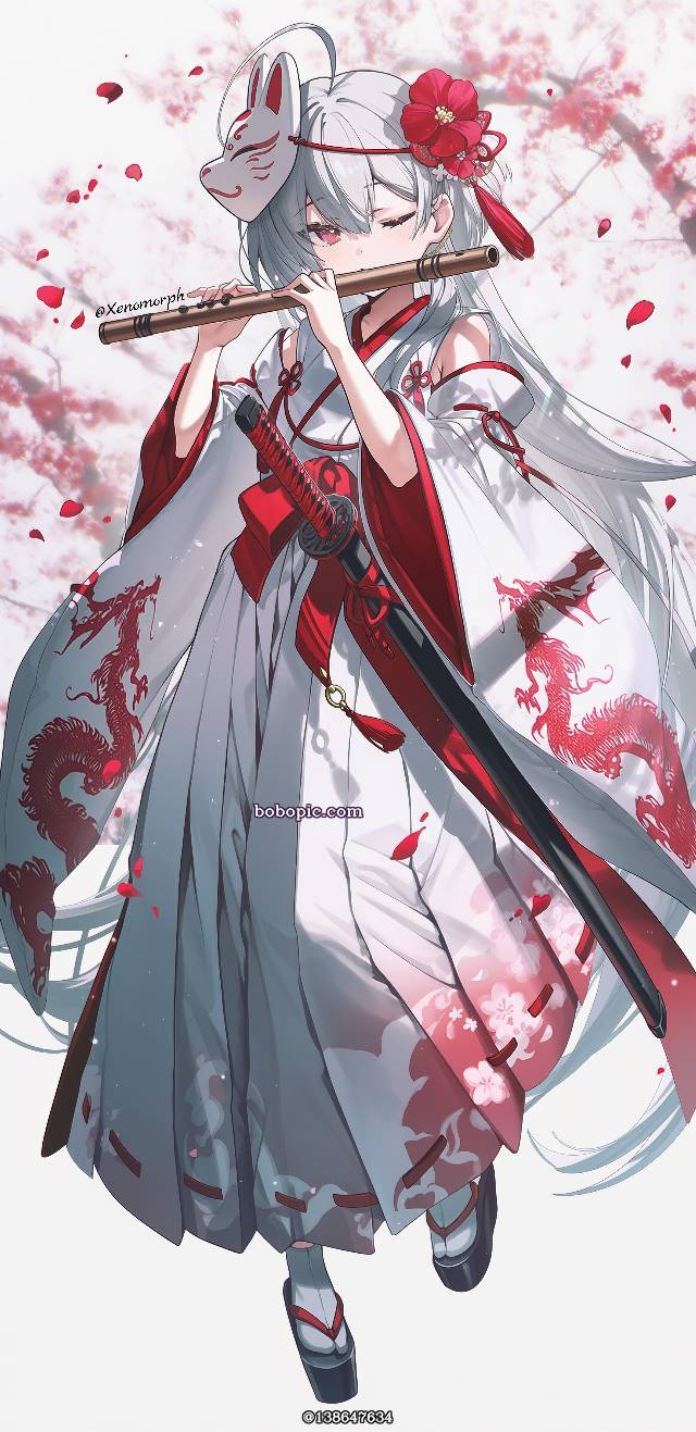 AI 画作, 女孩子, 萝莉, miko, miko clothing, 日本刀, 原创