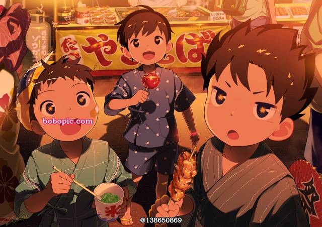 young boy, 男孩子, 夏天, summer vacation, summer festival, 焰火, market stall, jinbei