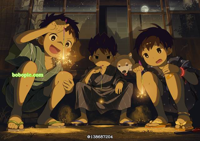 young boy, 男孩子, 夏天, summer vacation, sparkler, jinbei