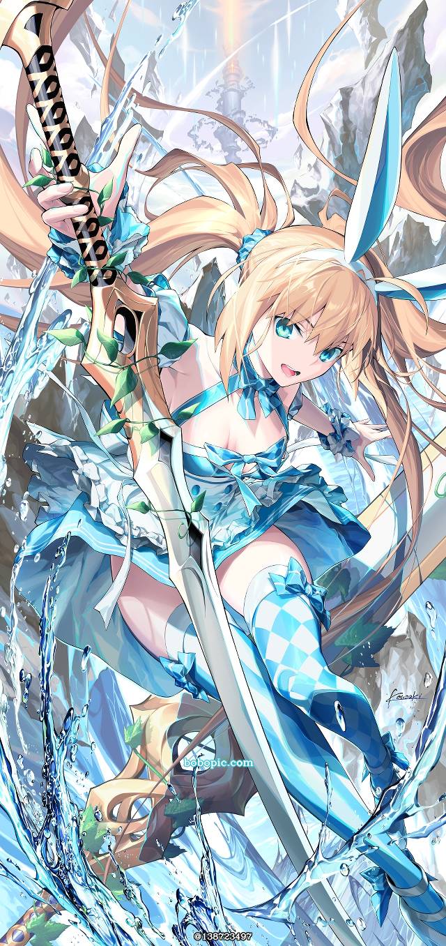 阿尔托莉雅·Caster, 阿尔托莉雅·Caster（泳装）, large sword, dual wielding, 金发, bunny ears, 双马尾