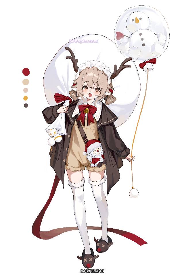 原创, 女孩子, reindeer, 茶发, white thigh-highs