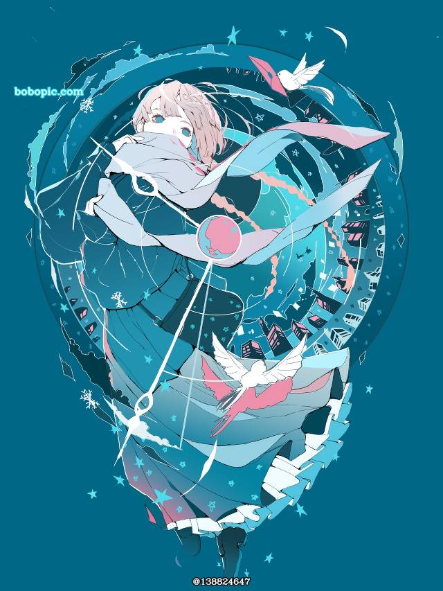 女孩子, 原创, 原创, young girl, 插画, winter, 茶发, night sky