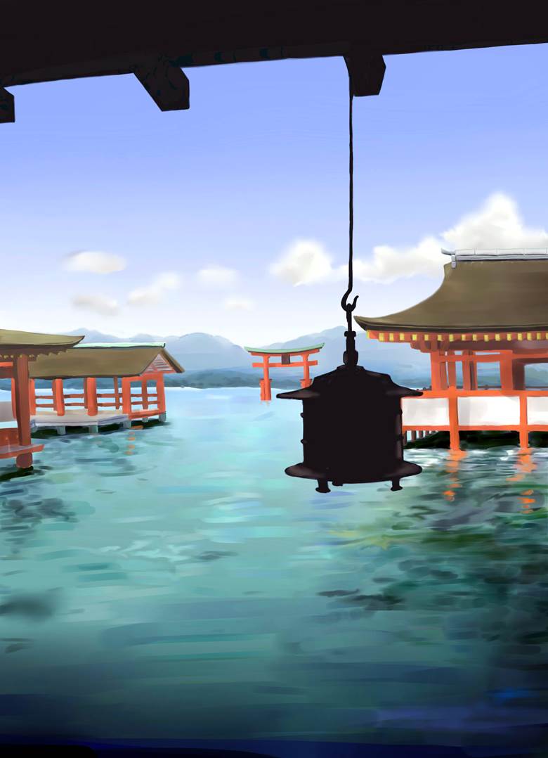 blue sky, sea, practice, shinto shrine, shadow, background, architecture, scenery