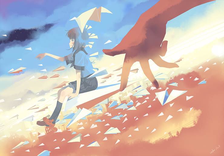 young girl, flying, hand, sky, paper airplane, town, wind, click recommended