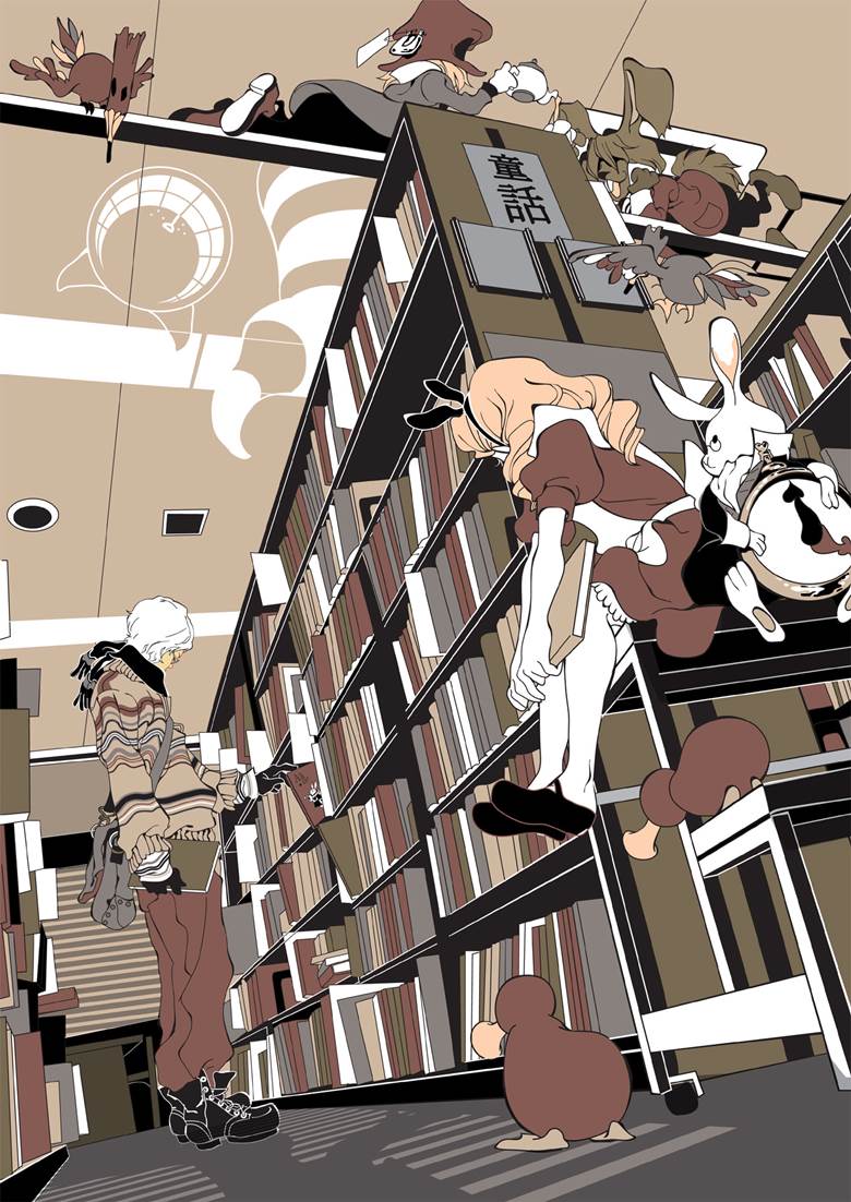 爱丽丝梦游仙境, background, cheshire cat, 低角度, book, hatter, 原创10000users加入书籤, 原创, 图书馆, bookshelf