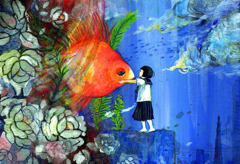 水手服, 奇幻, deep sea, white rose, 绘本, 金鱼, 梦