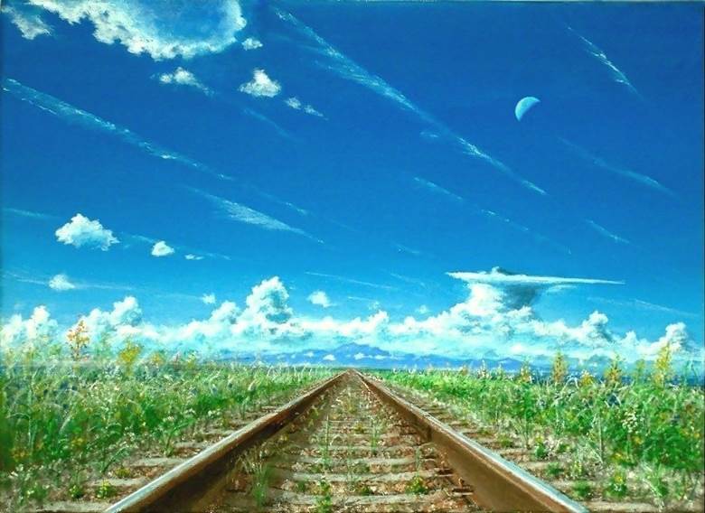 moon, 积雨云, 铁路, 蓝天, 风景, rail line, 油画, 夏天, Original 250+ bookmarks, 原创100收藏