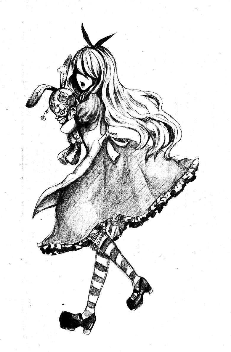 doodle, alice in wonderland, girl, rabbit, apron dress, strap shoes