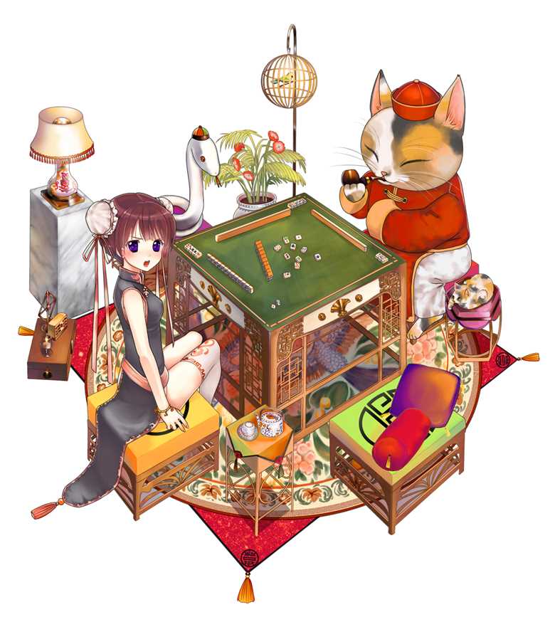 原创, cat, Mahjong, 旗袍