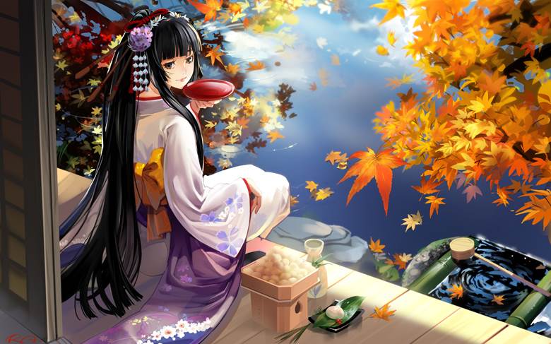 hikaru, autumn, 风景, wearing a kimono, beauty, 建议点击, 黑长直, 原创3000收藏, scenery 3000+ bookmarks, 外廊