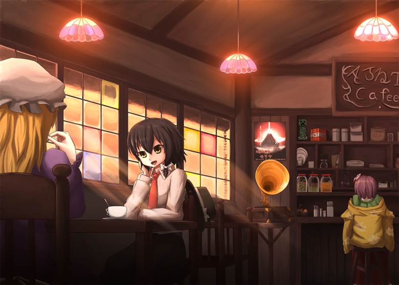 merry, Renko Usami, Maribel Hearn, Secret Sealing Club, Hieda no Akyuu, cafe, Touhou, Ren/Mari, creeper