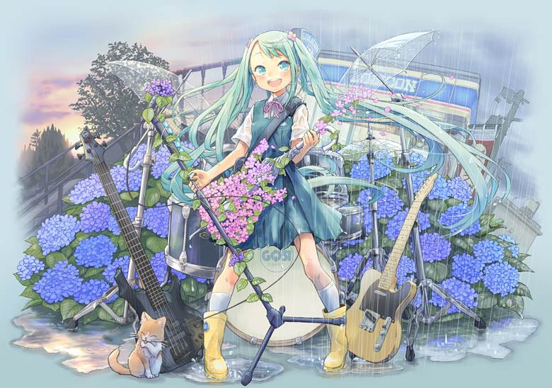 hatsune miku, hydrangea, guitar, recommended, umbrella, puddle, beautiful, Vocaloid 1000+ bookmarks