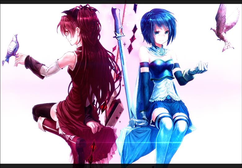 魔法少女小圆, 美树沙耶香, 佐仓杏子, 建议点击, Madoka☆Magica 1000+ bookmarks, 沙耶香×杏子, red and blue, cloak