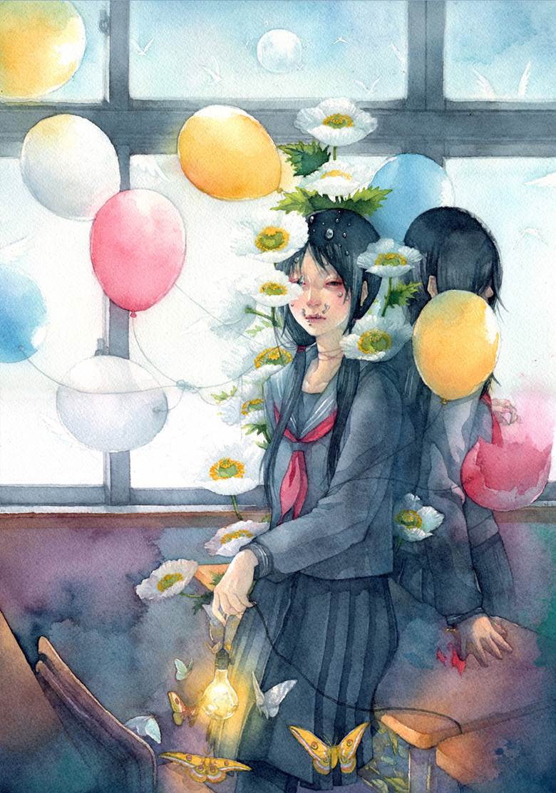 原创, 手绘, young girl, 黑色水手服, 窗边, anemone, Original 250+ bookmarks