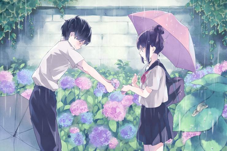 rain, 原创, 紫阳花, youth, hydrangea, umbrella, 原创50000收藏, 原创男女角色50000收藏, 水手服