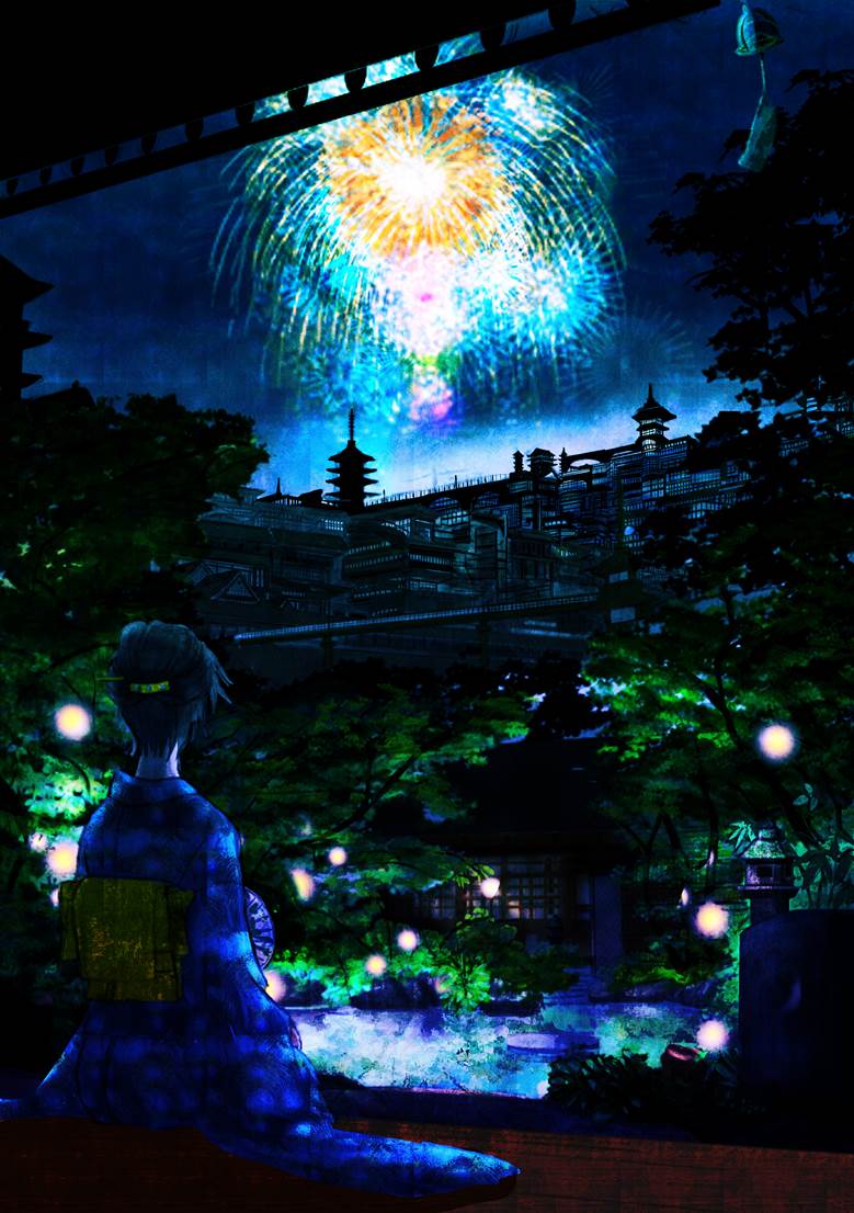 风景, Japanese-style, 奇幻, hikaru, 夏天, 焰火, firefly, 风铃, city