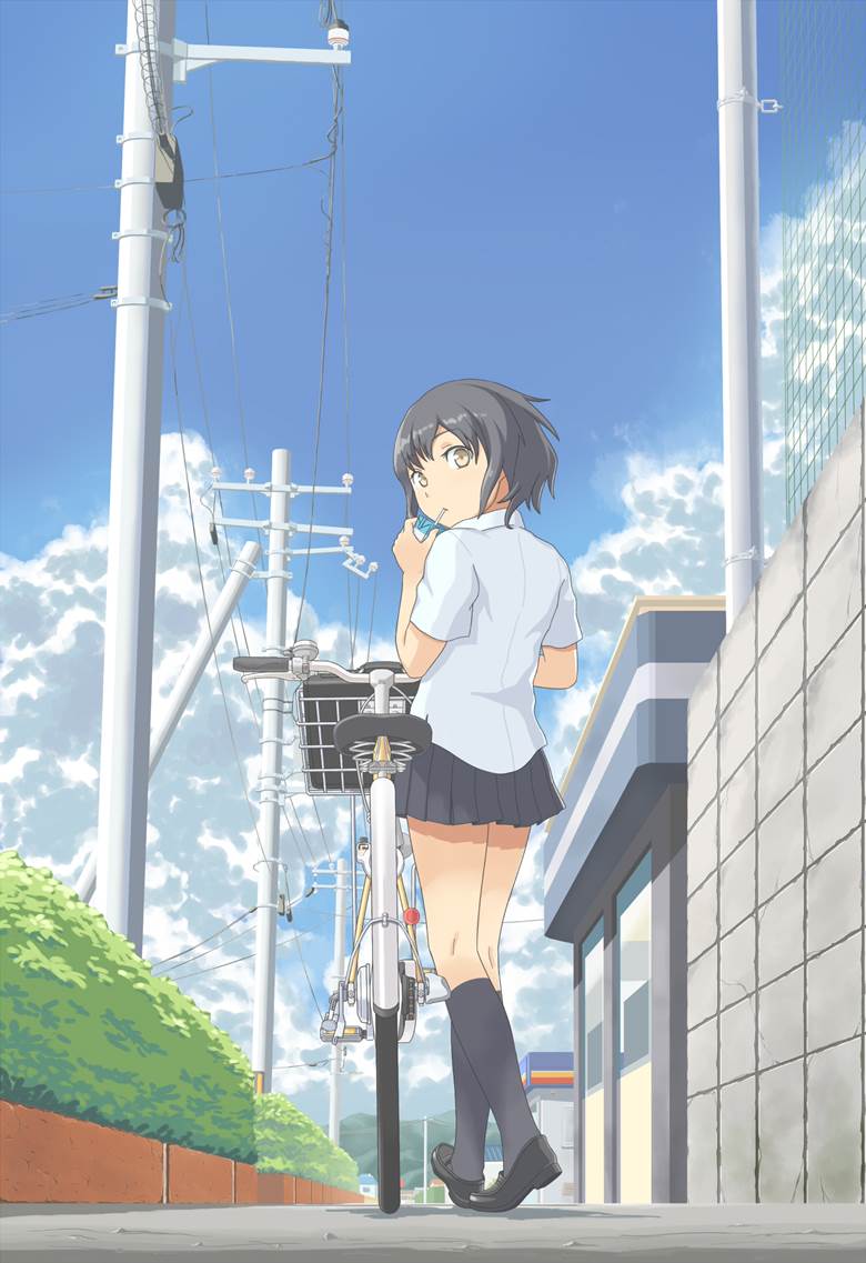 summer, sky, bicycle, girl, utility poles, background, original