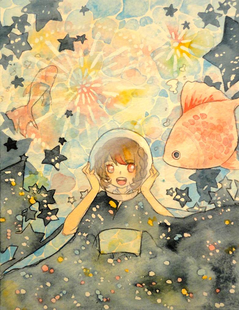 原创, transparent watercolor, yukata, 金鱼, 焰火, universe, diving helmet