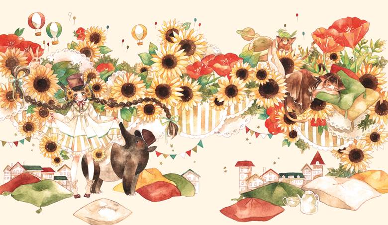 原创, watercolor, sunflowers, 女孩子, 原创1000users加入书籤, 花和女孩子